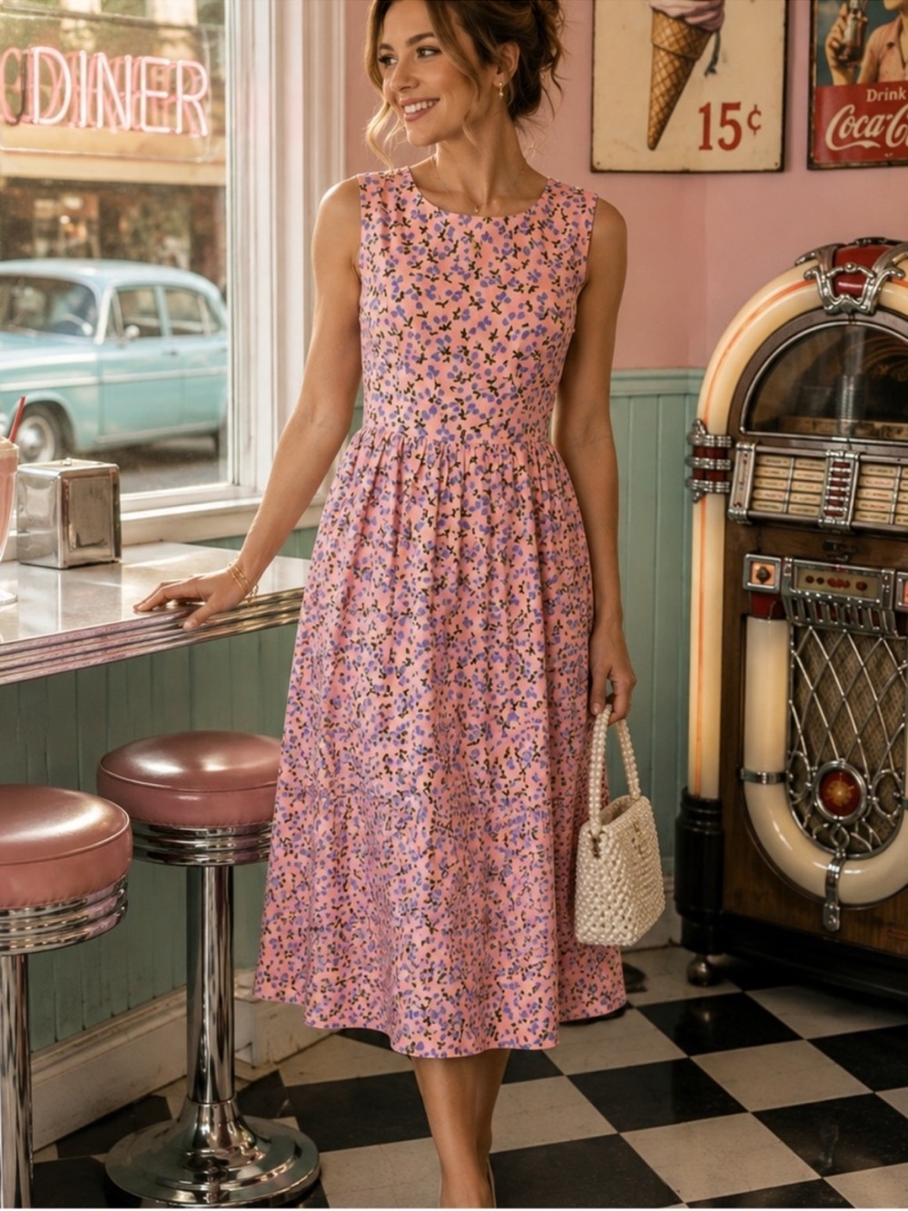 NWT Tulip B Cherry Print Midi Dress L Pink Sleeveless Pockets Retro Pinup Cute